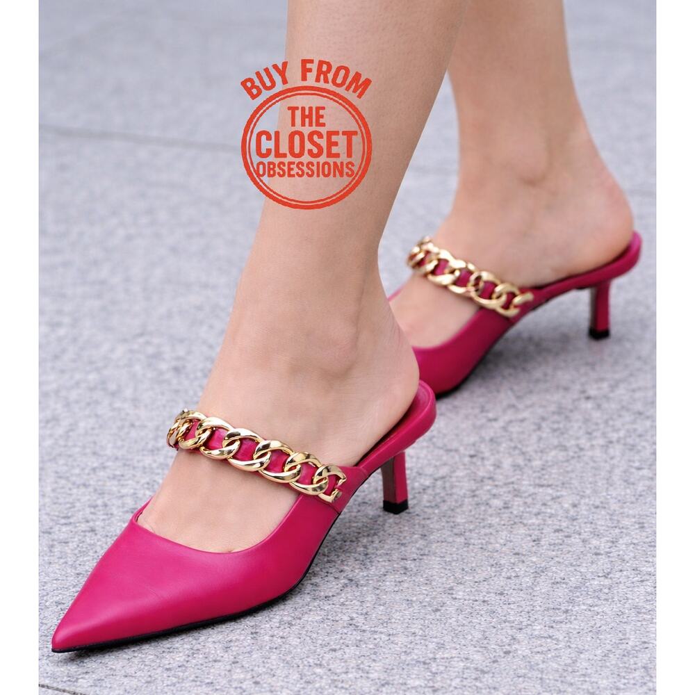 ZARA Pink Chain Strap Mule Heels NWT Pointed Toe Kitten Heel Pumps Size 8 - Picture 2 of 16